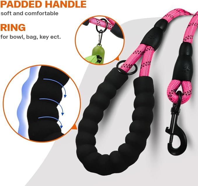 Taglory Rope Dog Leash 4 FT with Comfortable Padded Handle, Highly Reflective Threads Leash and Anti-Tangle Clip for Walking Medium Large Dogs, 1/2 inch, Pink