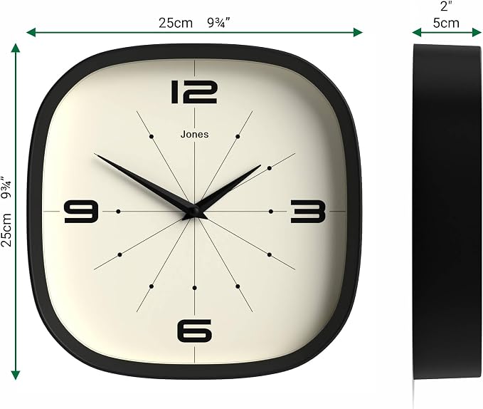 JONES CLOCKS® Pulsar wall Clock | Square Rounded Retro Clock | 10 inch | Black