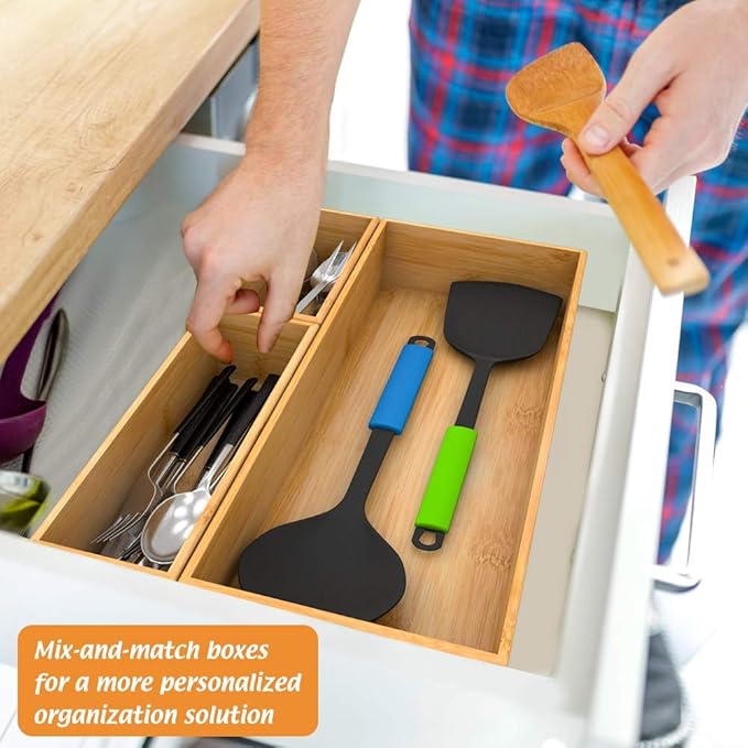 Bamboo Drawer Organizer Utensil Holder for Kitchen, Small Wood Silverware Storage Organizer, Stackable Box Tray for Cutlery, Flatware, Bathroom Caddy for Makeup, Perfume, Jewelry, 6x3x2.5 Inch