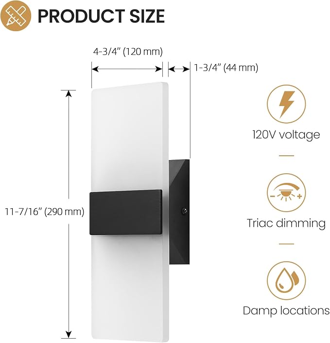 12 Inch Modern Black LED Wall Sconce, Indoor Dimmable Wall Lights, 12W