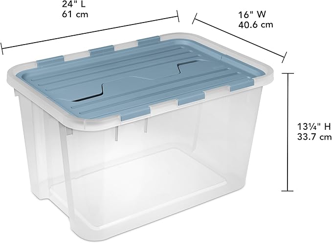 Sterilite 18 Pack Hinged Lid Storage Box, 60 Qt Plastic Container, Washed Blue - Home Organizer Tote for Storing Shoes, Crafts, Clothing, or Decor