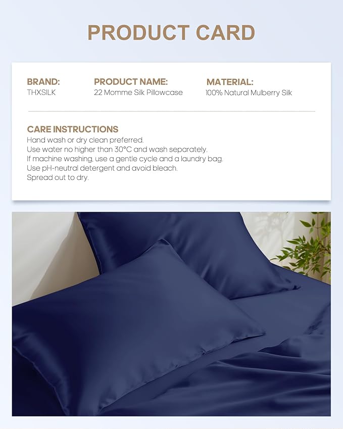 THXSILK 100% Mulberry Silk Pillowcase for Hair and Skin, 22 Momme Pure Natural Silk Pillowcase with Hidden Zipper, Soft Breathable Zipper Pillow Case, California King Size 20"x40", Navy Blue