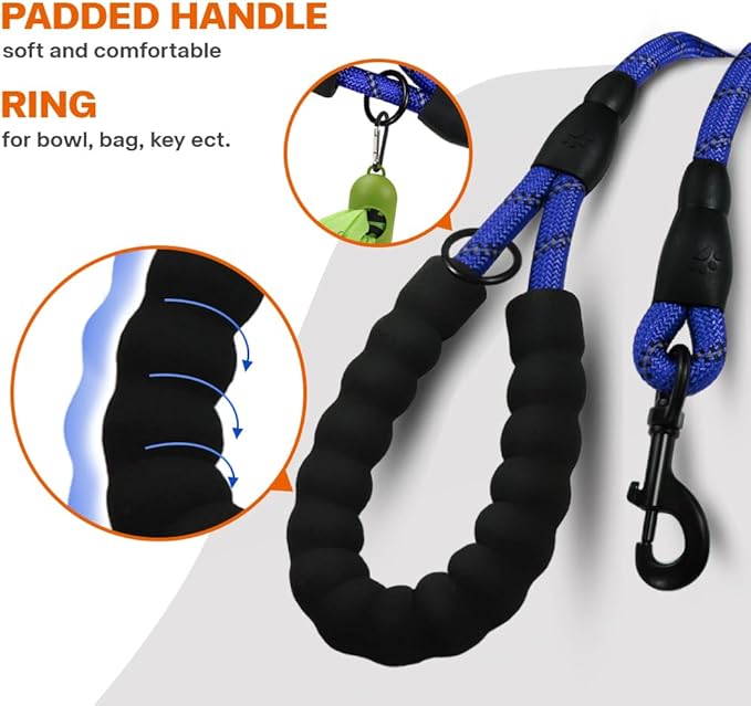 Taglory Rope Dog Leash 5 FT with Comfortable Padded Handle, Highly Reflective Threads Leash and Anti-Tangle Clip for Walking Small Dogs, 3/8 inch, Navyblue
