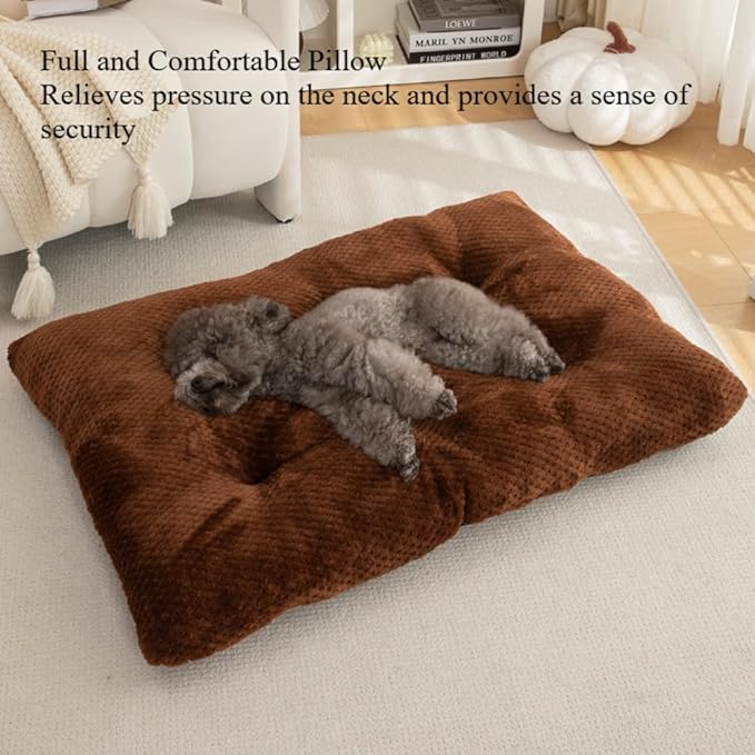 Washable Dog Bed for Large Breeds, Extra Cushioned Crate Mattress with Removable Fluffy Cover, Non-Slip Orthopedic Pet Pad, Machine Washable Kennel Mat(Brown,M)