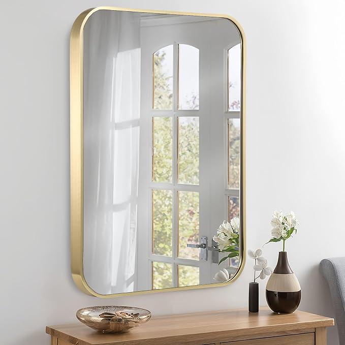 26x38 Inch Gold Bathroom Mirror, Brushed Brass Gold Metal Framed Rectangular