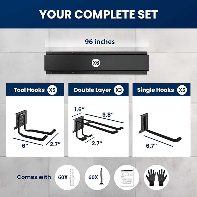 96'' All-Metal Garage Tool Organizer Wall Mount – Heavy-Duty Tool Rack Holds 960 lbs, Adjustable Hooks for Garage, Yard, and Garden Equipment