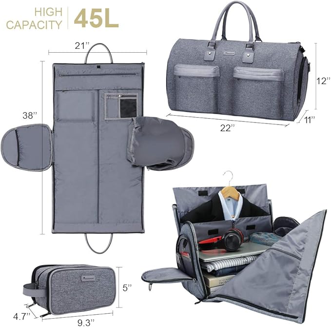 Modoker Convertible Garment Bag with Toiletry Bag, Carry On Garment Duffel Bag for Men Women Travel, Multi-Function Suit Bag 2 in 1 Hanging Suitcase, Grey