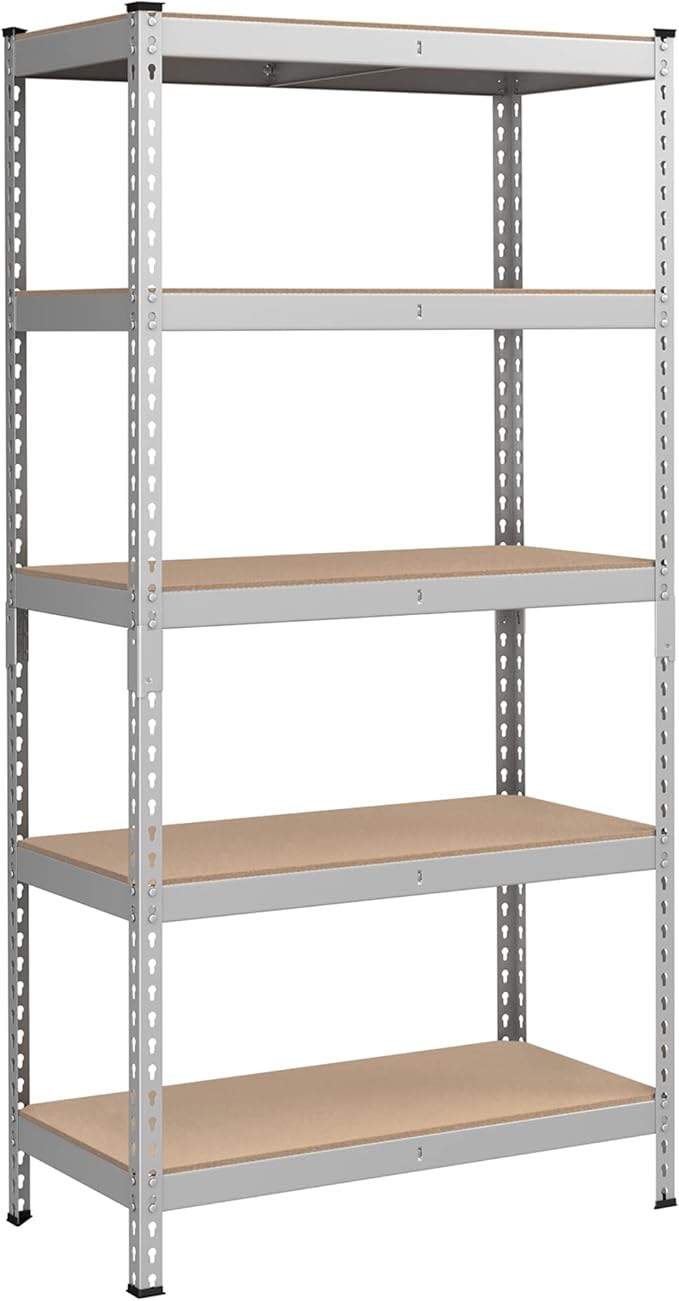SONGMICS 5-Tier Storage Shelves, Load 2310 lb, Garage Storage, Boltless Assembly, Adjustable Shelving Unit, 17.7 x 35.4 x 70.9 Inches, for Study Shed Basement, Silver and Natural Beige UGLR450E01