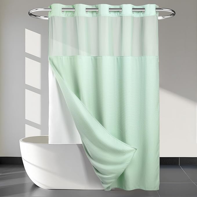 River Dream Heavyweight No Hooks Required Dotted Waffle Weave Shower Curtain with Snap in Liner - 71W x 74H,Hotel Grade,Spa Like Bath Curtain,Green Light