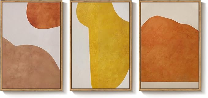 Framed Orange Abstract Boho Wall Art Bedroom, 3 Piece Neutral Mid Century