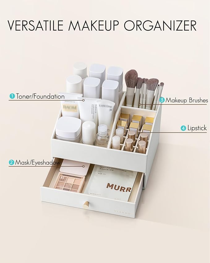 Vlando Makeup Organzier,Vanity Organizer with Drawers, PU Leather Skincare Organizer Perfume Organizer,Large Cosmetic Display Case for Lipstick,Brushes Gifts for Women-White