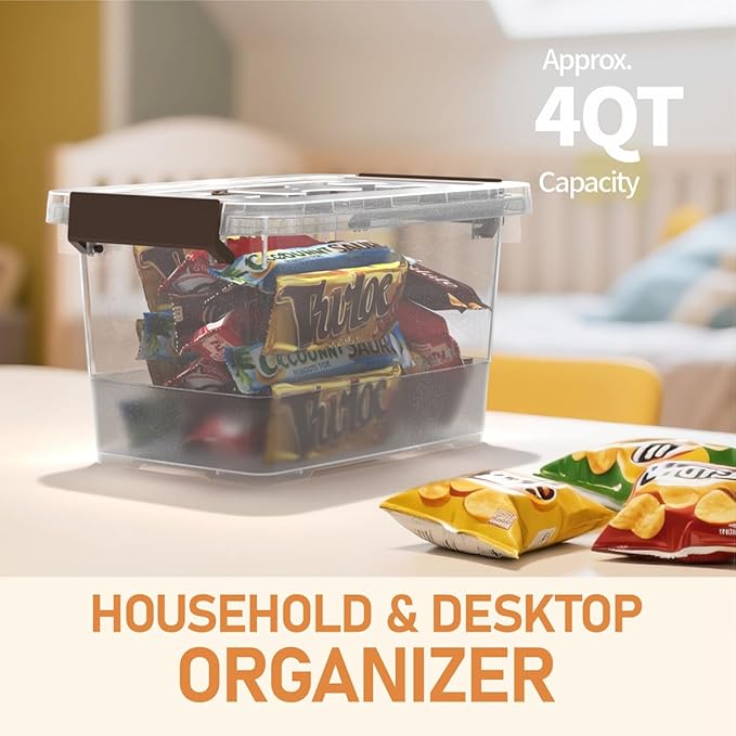 8 Pack Plastic Storage Latch Bins, 4 Quart Clear Plastic Handle Box with Lids and Handle, Multi-Purpose