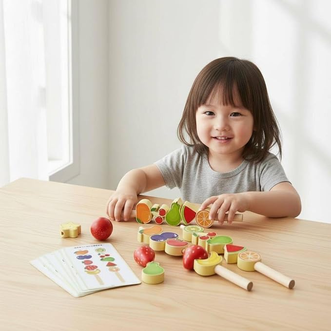 Children Cognitive Game Educational Toy Fruit Skewer Threading Game Stacking Blocks Lacing Beads Wooden Material for Early Learning Fine Motor Skills, BBQ Meat Skewers