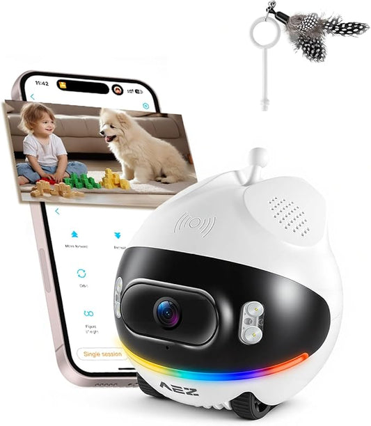 AEZ Robot Camera on Wheels 1080P Dual Lens,Indoor Movable Security Camera with 2-Way Talk,Blinky Bot with Night Vision,Distance Bot App Control for Cats/Dogs/Baby/Elderly (SD/Cloud Storage)