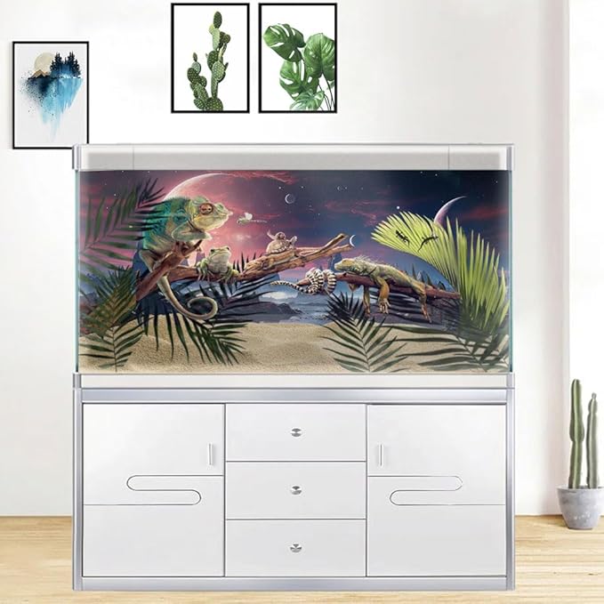 48X24IN Cosmic Spaceterrarium Background, Cool Parallel Space Themed Aquarium Reptile Habitat Background, Red Moon Aquarium Background with 10EVA Double-Sided Tape