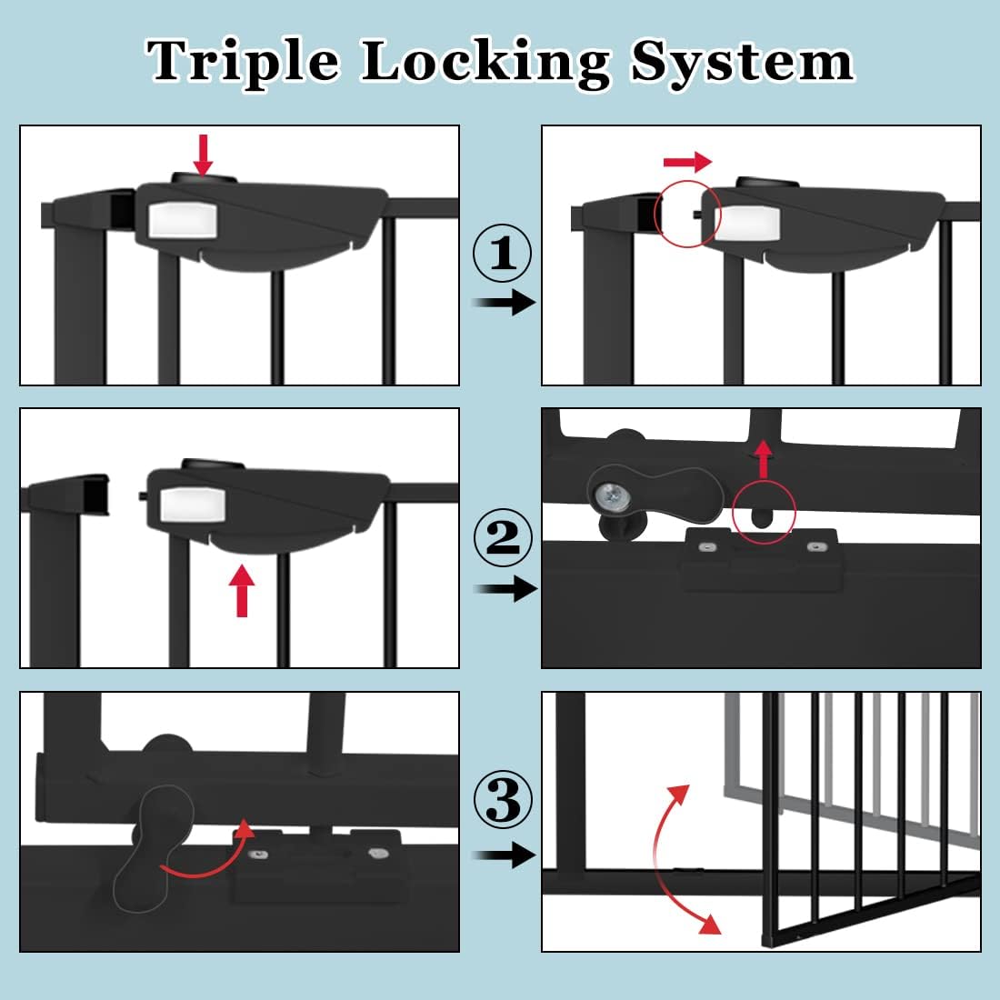 WAOWAO Triple Lock Baby Gate Extra Wide 35.04-38.97" Pressure Mounted Walk Through Swing Auto Close Safety Black Metal Dog Pet Puppy for Stairs