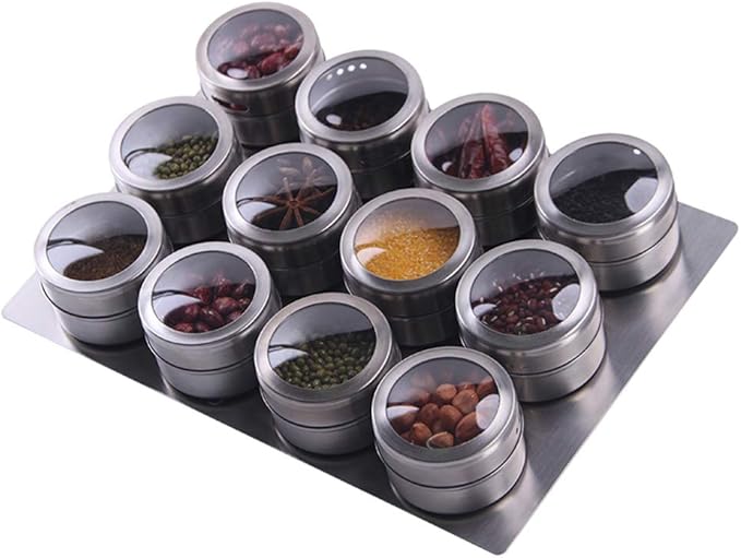 12 Magnetic Spice Jar Containers Spice Tins - Wall Mounted Stainless Steel Base - Easy to Install