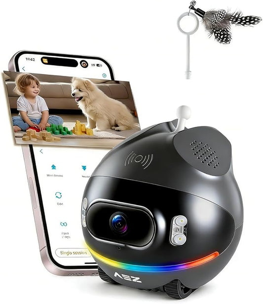 AEZ Robot Camera on Wheels 1080P Dual Lens,Indoor Movable Security Camera with 2-Way Talk,Blinky Bot with Night Vision,Distance Bot App Control for Cats/Dogs/Baby/Elderly (SD/Cloud Storage)