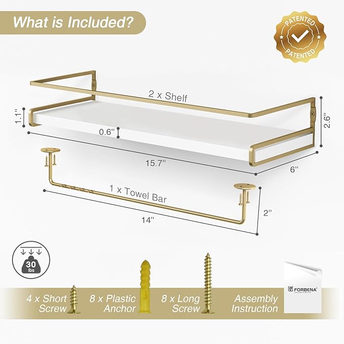 Forbena Floating Bathroom Shelves Wall Mounted, Aesthetic White and Gold Shelves for Bathroom Accessories, Modern Bathroom Organizer with Tower Bar for Wall Decor Storage Small Spaces, Set of 2