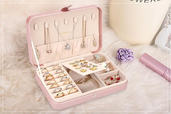 LANDICI Small Jewelry Box for Women Girls, PU Leather Travel Jewelry Case, Portable Jewelry Organizer Storage Holder Display for Ring Earrings Necklace Bracelet Women Kids Gift, Rose Gold