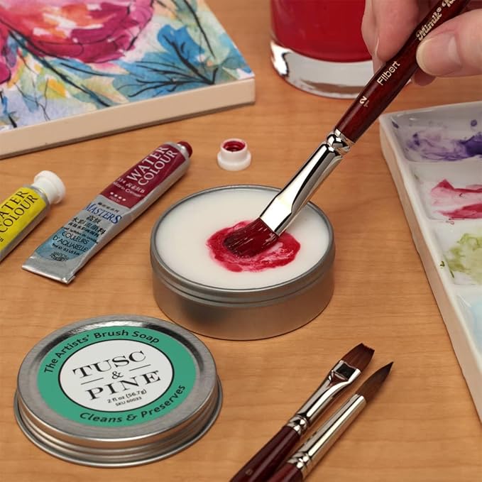 Tusc & Pine The Artists' Brush Soap - 2oz Plant-Based Brush Cleaner, Oil, Acrylic, Watercolor Paint - Nourishes Bristles; Made in North Carolina; Alkali Soap, Gentle Pine Fragrance