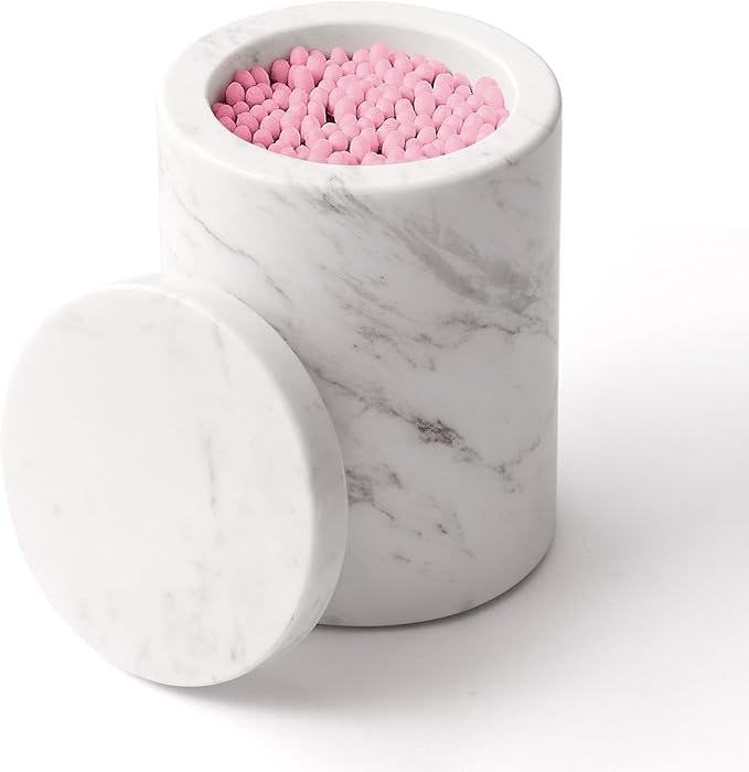 WORHE Marble Canister with Lid Natural Qtip Holder for Cotton Swabs, Balls, Pads, Floss Picks, Bath Salts - Vanity Makeup Storage Organizer Bathroom Essentials Accessories Decor White (DL011)