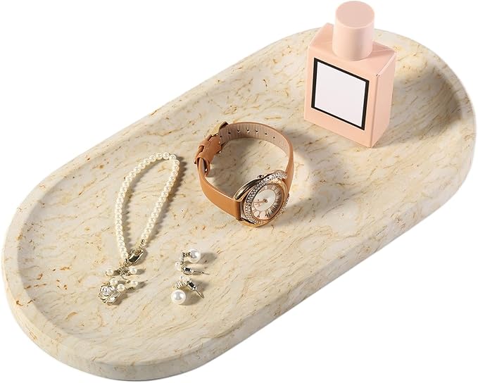 Koville Natural Marble Tray for Home Decor, 12"x6" Marble Vanity Tray for Dresser, Stone Perfume Organizer Jewelry Dish for Bathroom, Stone Catchall Storage Trays for Candles