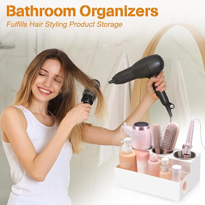 Hair Tool Organizer - Bathroom Vanity Organizers and Storage, Hair Styling Accessories Hot Tools Organizer Hair Dryer, Blow Dryer, Curling Iron, Flat Iron, Hair Straightener, White