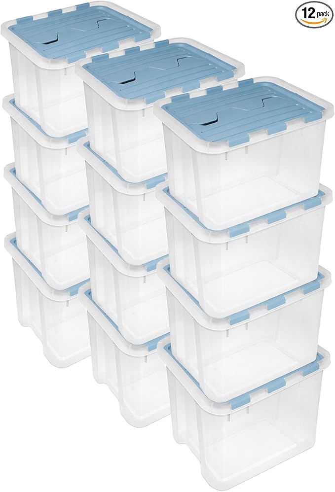 Sterilite 12 Pack Hinged Lid Storage Box, 30 Qt Plastic Container, Washed Blue - Home Organizer Tote for Storing Shoes, Crafts, Clothing, or Decor