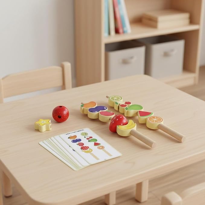 Children Cognitive Game Educational Toy Fruit Skewer Threading Game Stacking Blocks Lacing Beads Wooden Material for Early Learning Fine Motor Skills, BBQ Meat Skewers