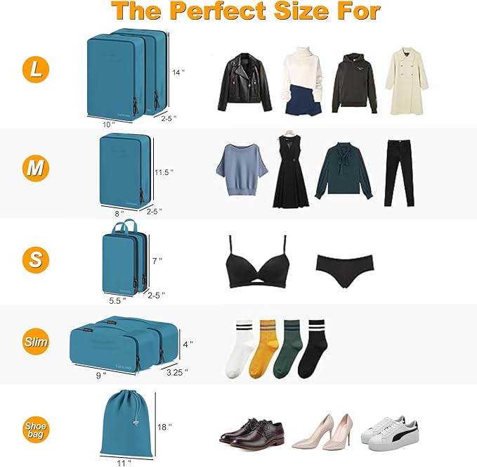8 Set Compression Packing Cubes for Travel, Waterproof Luggage Organizers, Suitcase Organizer Set for Carry-On & Checked Baggage, Travel Accessories for Men & Women