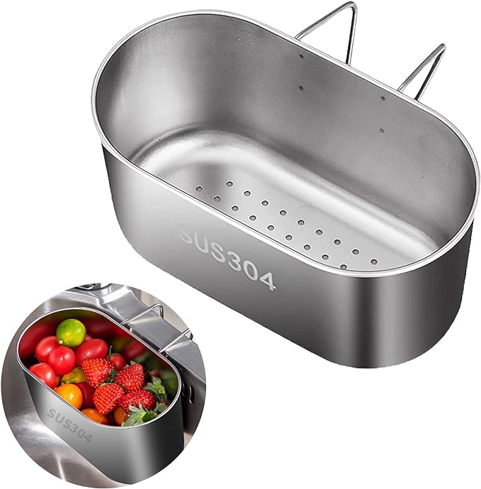 Stainless Steel Sink Drain Strainer Basket, Multifunction Hanging Sink Strainer Colander Drain Basket, Kitchen Sink Food Waste Filter and Vegetables Fruits Clean