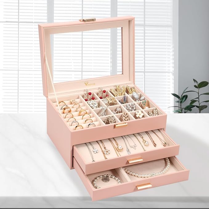 Voova Jewelry Box Organizer for Women Girls, 3 Layer PU Leather Jewelry Storage Case with Glass Lid & 2 Drawers, Large Jewellery Display Holder for Necklaces Rings Earrings Bracelets, Pink