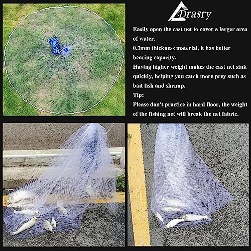 Drasry Saltwater Fishing Cast Net for Bait 3/8 1/4 or 1/2 with Heavy Sinkers Fish Trap Throw Net. Size 3ft/4ft/5ft/6ft/7ft/8ft/9ft/10ft Radius Freshwater Nets - size: 3FT (90cm) Radius, style: Lead Sinkers-3/8mesh-0.3mm Mono