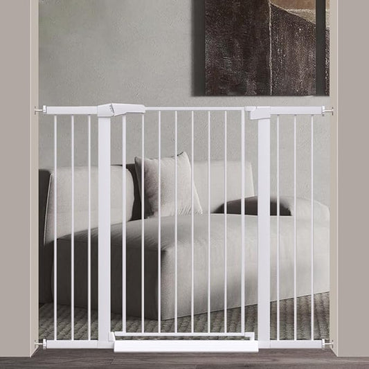 Fairy Baby 38" Extra Tall Pet Gate, 29.5"-48.8" Extra Wide Long Baby Gate, Metal Auto Close Safety Child Toddler Gate, Pressure Mounted Dog Gate No Climb Fence for Stairs Doorways Kid or Pet, White