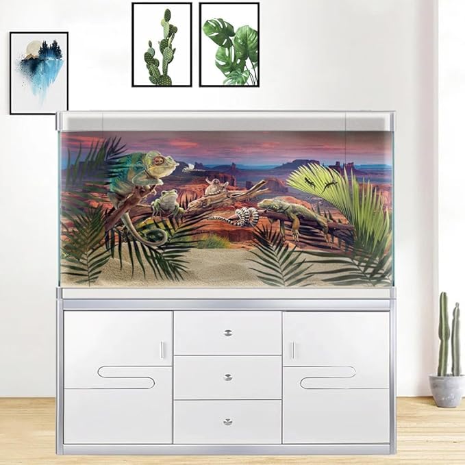 30X12IN Desert Loess Rock Cactus Oasis Reptile Habitat Background, Natural Sunset Desert Themed Terrarium Background, Aquarium Background with 10 EVA Double-Sided Tape