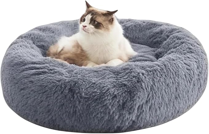 SALAN Calming Donut Dog Bed for Small Dogs and Cats, 16 Inch Round Plush Faux Fur Pet Bed, Washable Fluffy Self Warming Anti Anxiety Cuddler Bed for Puppy, Kitten, Indoor Cats (Brown)