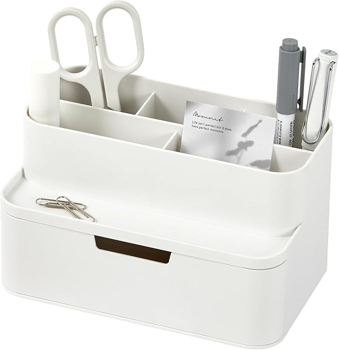 BLUE GINKGO Compact Desk Organizer – Small 5-Compartment, Half Drawer Storage – Pen Holder, Stationery Organizer for Desktop, Vanity, Shelf (Made in Korea, White)