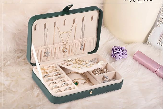 LANDICI Small Jewelry Box for Women Girls, PU Leather Travel Jewelry Organizer Case, Jewellery Storage Holder Display for Ring Earrings Necklace Bracelet Bangle Watch Men Kids Gift, Blackish Green