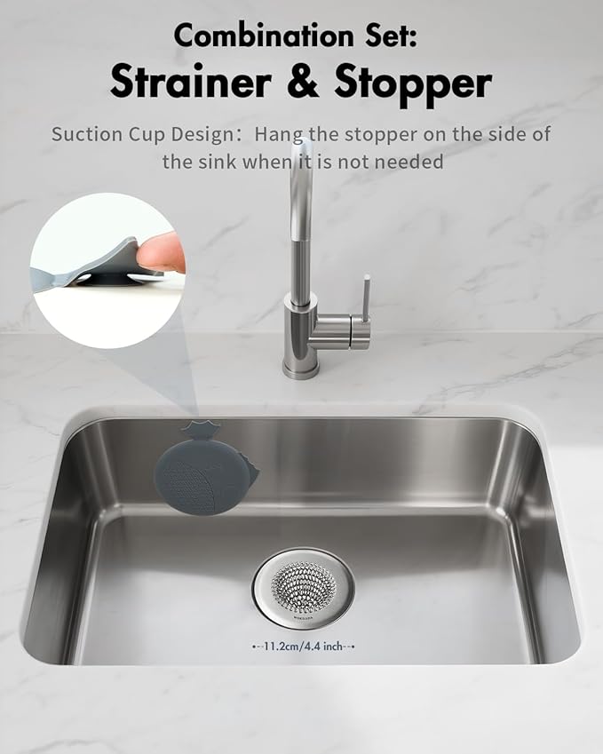 Sink Drain Strainer&Stopper, Anti-Slip Flexible Mesh Sink Strainer with 304 Stainless Steel, Clog-Free Kitchen Sink Strainer, Easy-Clean Sink Catcher Strainer& Silicone Stopper