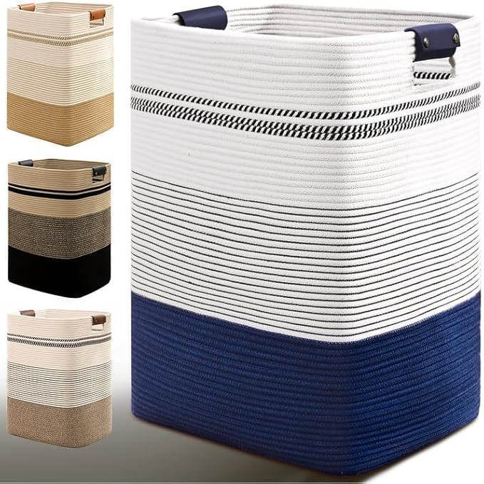 Laundry Hamper, 95L Tall Laundry Basket with Leather Handles, Rectangle Large Clothes Hamper for Organizing, Cotton Woven Laundry Baskets Storage Hampers for Bedroom, Nursery, Living Room