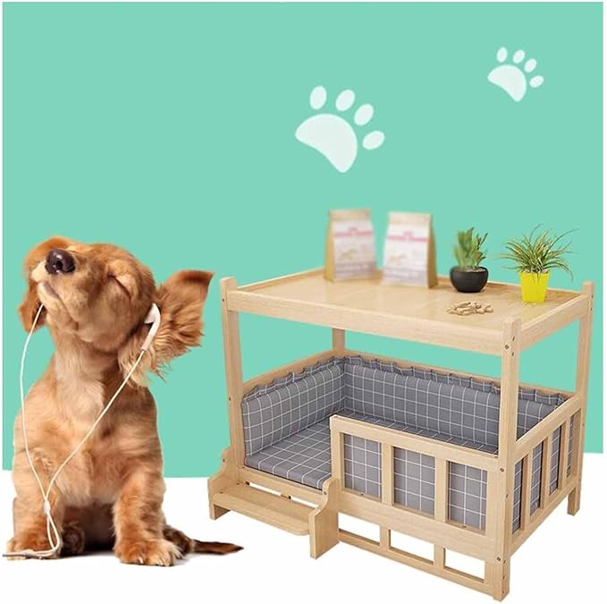 XPLKQXE Dog Bed Wood Platform, Elevated Pet Cushion Bed, Animal Couch with Mattress, Dog Beds & Furniture Rest Cot, Portable Fence Bed Pet Up to 45kg/100lbs(Color:Gray,Size:75x50x65cm)