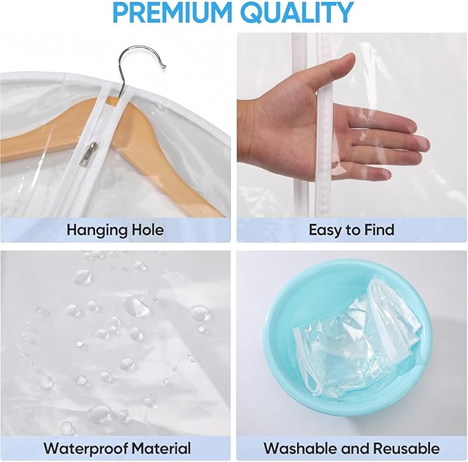 36” All Clear Garment Bags for Women Suit Bags - PEVA Waterproof Suit Cover with Zipper for,Hanging Clothes, Coats - Durable Dresser for Closet Storage, Dustproof & Moisture Resistant - 36”/12 Pack