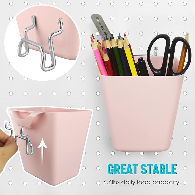 Large Pegboard Cups, 6Pack Peg Board Square Storage Bins With Hooks (Pink) | Big Open-Mouth Cups, 1/8" 1/4" Pegboard Organizer Accessories, Cup Holder for Craft Garage Workbench Office Tools Supplies