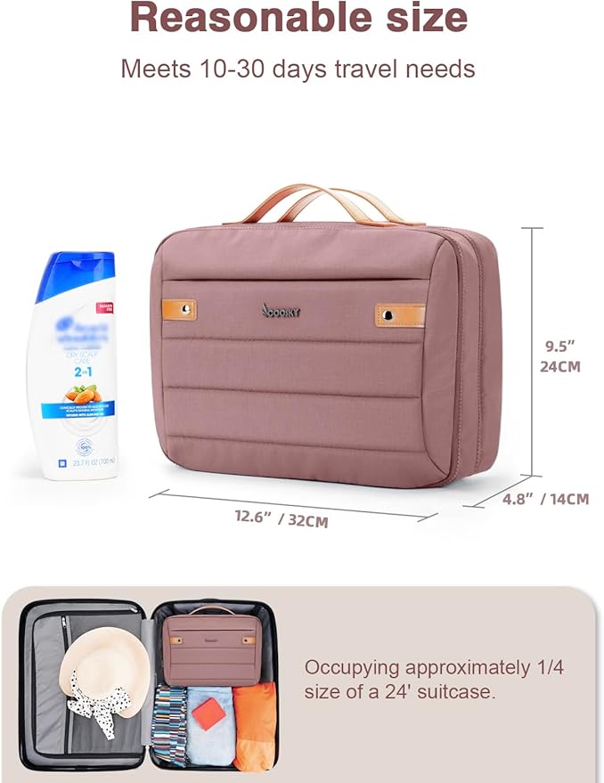 Women's Hanging Toiletry Bag, Waterproof Travel Cosmetic Organizer with Jewelry Storage, Large Capacity Makeup Case for Full-Size Skincare & Bathroom Essentials, Portable Cosmetic kit, Dark Purple