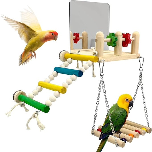 Bird Toys & Wooden Play Gym with Bird Mirror - Parakeet Toys & Cage Accessories for Cockatiels, Lovebirds, Budgies, Finch, Canaries