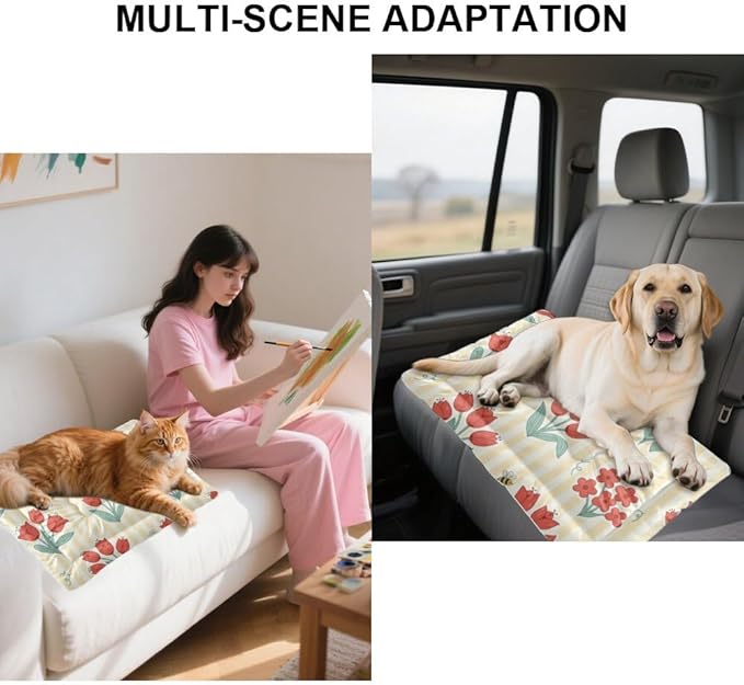 Red Floral Yellow Striped Dog Beds & Furniture Dogbed Mat Machine Washable Dog Crate Pads Crate Bed Washable Non-Slip Puppy Bed for for Small Dogs Mat Pillows Indoor Outdoor 24X18 Inch