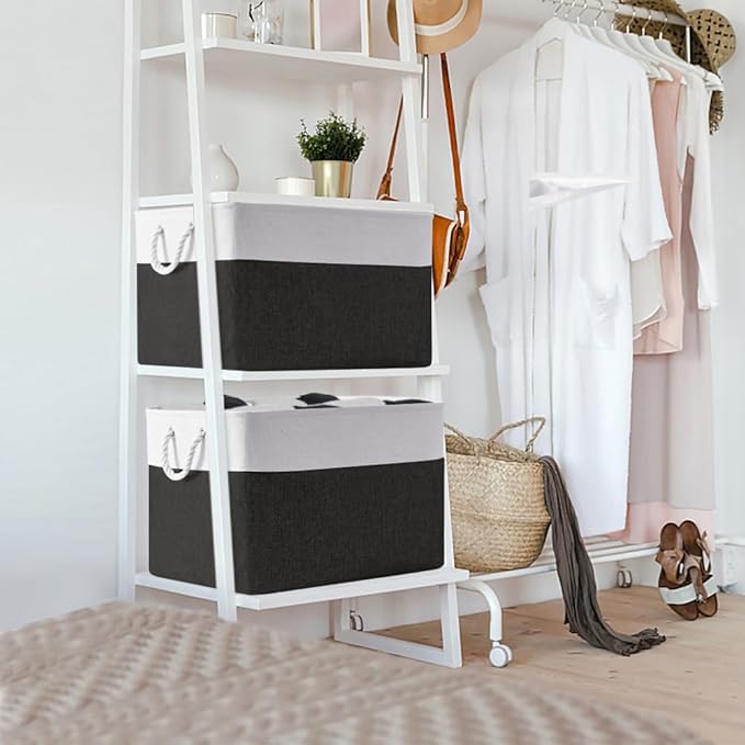 TheWarmHome Organization and Storage for Shelves - Extra Jumbo 3 Pack 20.5x15.7x13.8 inch Fabric Storage Basket for Organizing, Storage Bins for Shoes Towel Blanket (White & Black)