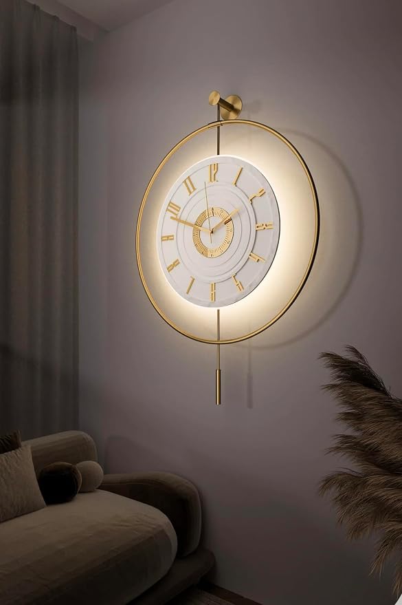 Large Luxury LED Backlit Wall Clock – Pendulum Roman Numeral Metal Ring