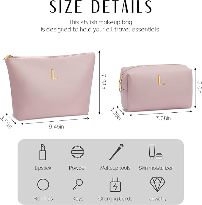 Valentine's Day Gifts for Women Girlfriend Initial Makeup Bag for Teen Girls Personalized Gifts for Friend Teacher Mom Wife Cosmetic Travel Toiletry Bag(Pink,L)